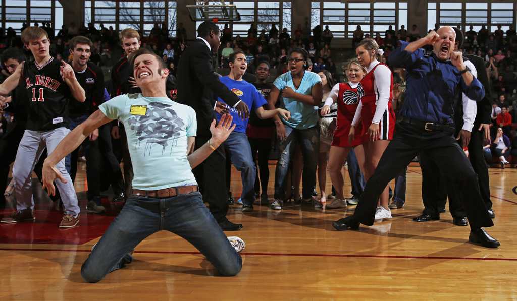 Senior Andy Frye dances with other students to Open Gangnam Style at the Northman Assembly on Thursday, Jan. 10. 