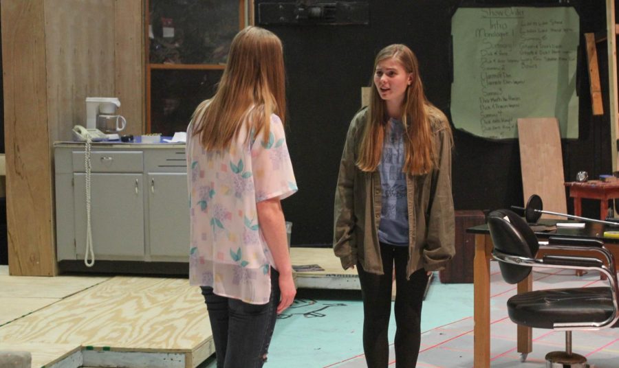 While talking to her pseudo mother, junior Merrisa Caravello prepares for the upcoming production. “My character just wants her to understand what she’s going through,” Caravello said. 