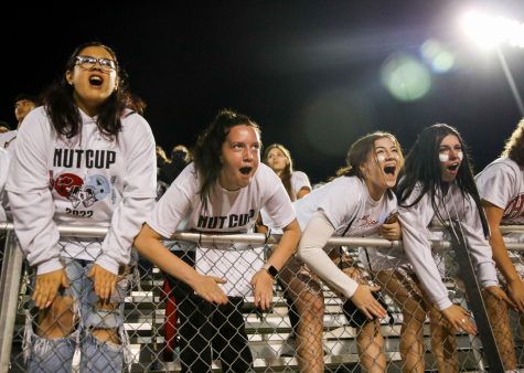 In the front row of the student section, senior Makayla Wlezien cheers on the football team with friends. Photo by Rylie Peterson