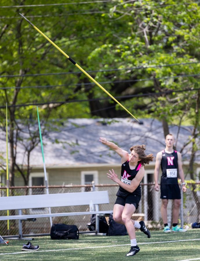 At North Relays, held on May 5 at SM North High School, sophomore Trystan Middleton throws a javelin. A personal best throw of 141 feet landed Middleton in 23rd place. “I felt very good about the throw and knew it was a good one once I released it,” Middleton said. “The best part was having friends and family there to watch me compete.”